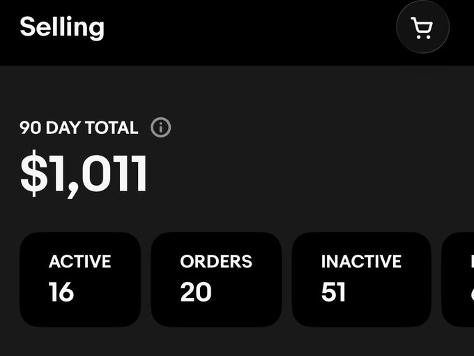 A dark dashboard screen displays 'Selling' with a 90-day total of $1,011, showing 16 active items, 20 orders, and 51 inactive listings.
