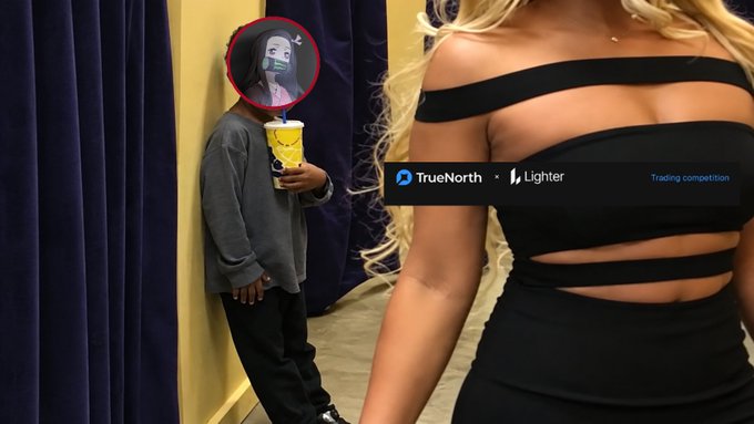 A hooded person holding a yellow drink stands in a hallway near someone in a black dress, with a TrueNorth and Lighter 'Trading competition' label overlaid; the hooded person's face is obscured with a mask-like graphic.