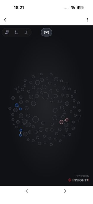 A mobile app screenshot showing a dark interface with a circular pattern of dots, with a few highlighted in blue and red, branded 'Powered By INSIGHT X' and timestamped 16:21.