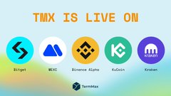A promotional graphic reading 'TMX IS LIVE ON' above five cryptocurrency exchange logos: Bitget, MEXC, Binance Alpha, KuCoin, and Kraken, with a small 'Teamoken' logo below.
