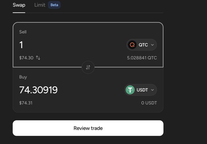 A cryptocurrency swap interface showing the sale of 1 QTC (QToken) for 74.30919 USDT, with a 'Review trade' button.