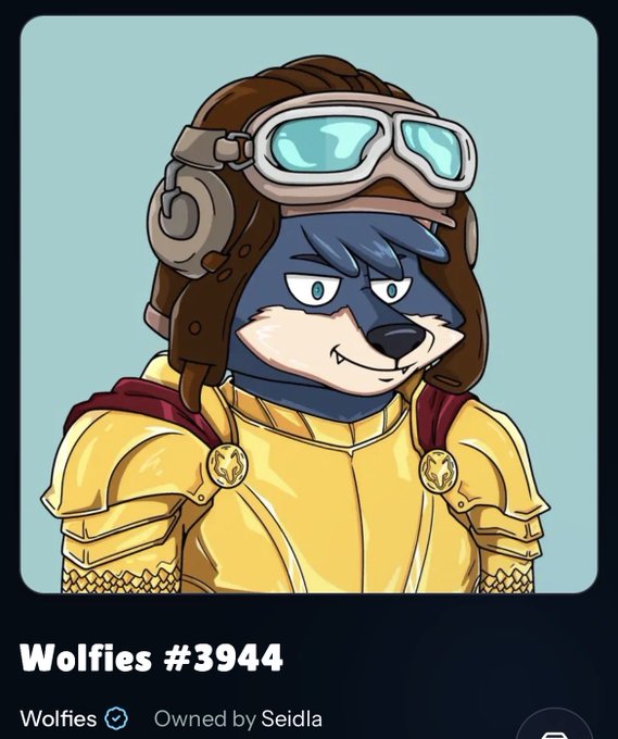 A digital illustration of an anthropomorphic wolf character wearing goggles, a brown aviator hat, and yellow armor, labeled 'Wolfies #3944' and 'Owned by Seidla'.