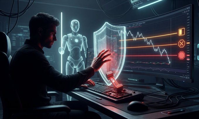 A digital illustration depicts a man at a computer desk interacting with a glowing holographic shield and a humanoid robot, with a monitor displaying declining stock market charts.