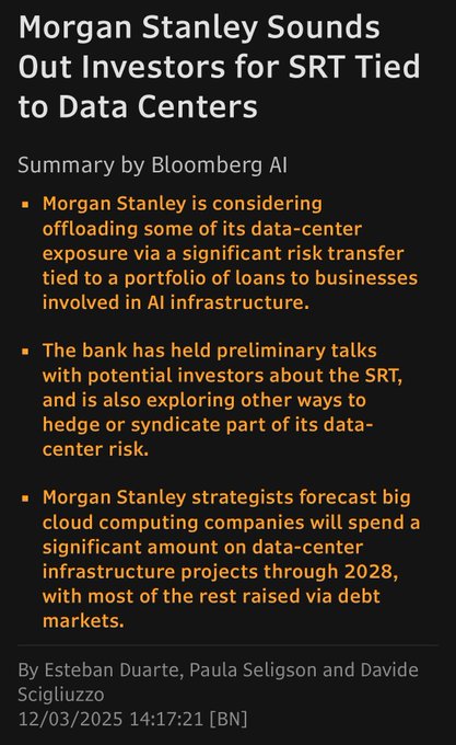 Bloomberg article titled 'Morgan Stanley Sounds Out Investors for SRT Tied to Data Centers' discussing the bank's plans to offload data-center exposure via a significant risk transfer linked to AI infrastructure loans, dated 12/03/2025.