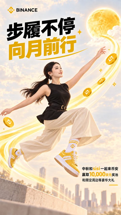 A Binance promotional poster featuring a woman leaping among golden coins and Binance-branded tokens, with Chinese text and the slogan '步履不停 向月前行' (Keep Walking, March Towards the Moon), promoting a 10,000 USDT Mid-Autumn Festival reward.