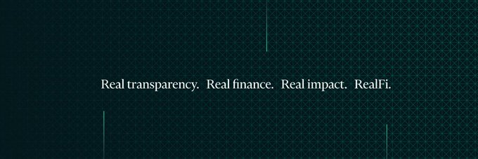 The image features a dark teal background with a geometric grid pattern, displaying the text "Real transparency. Real finance. Real impact. RealFi." in the center. This appears to be a branding graphic for RealFi, complementing the post's discussion of their 2-token stablecoin design on Cardano that separates the peg from risk.