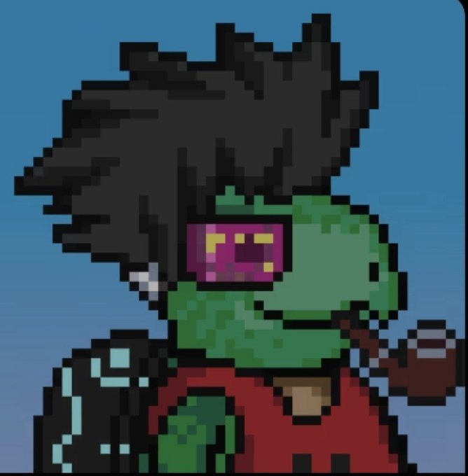 A pixel art illustration of a green-skinned character with spiky black hair, wearing pink visor goggles and a red shirt against a blue background.