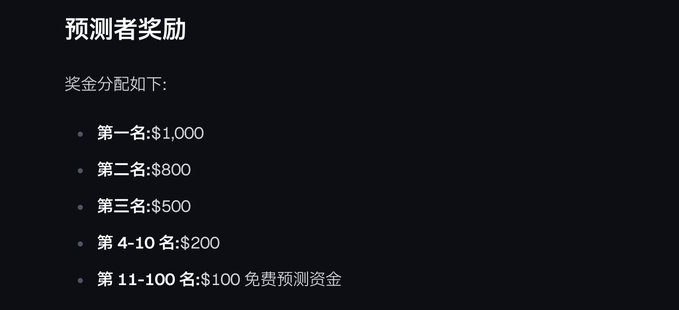 A slide titled "预测者奖励" (Predictor Rewards) outlining prize distributions in Chinese, listing $1,000 for 1st place, $800 for 2nd, $500 for 3rd, $200 for 4th-10th, and $100 in free prediction money for 11th-100th place.