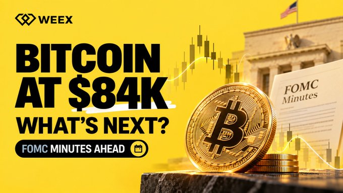 A WeeX promotional graphic features bold text reading "BITCOIN AT $84K — WHAT'S NEXT? FOMC MINUTES AHEAD" alongside an image of a physical Bitcoin coin resting on stone, with a stock chart and a document labeled "FOMC Minutes" in the background, visually reinforcing the post's discussion of Bitcoin's drop below $84K amid long liquidations and anticipation of upcoming Federal Reserve FOMC minutes.
