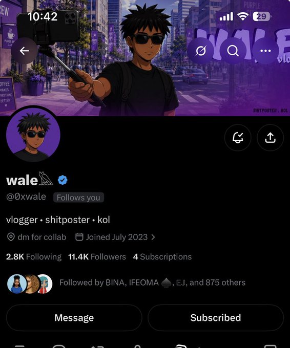 A screenshot of a Twitter/X profile for "wale" (@0xwale), a vlogger/shitposter/KOL with 11.4K followers who joined in July 2023, paired with a joking claim that he was kidnapped while vlogging in Lagos and demanding $2.2K in crypto be sent to a specified Solana wallet address.
