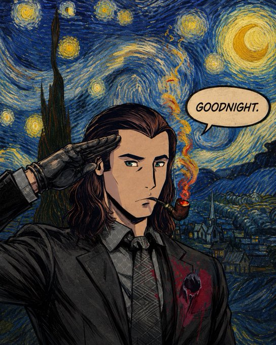 An illustrated figure in a dark suit and gloves salutes with a pipe in mouth against a Van Gogh "Starry Night" backdrop, a speech bubble reading "GOODNIGHT." The image's somber, final-feeling salute mirrors the post's tone of closing one crypto chapter ("GN CT") while heralding a return of NFTs and community vibes, with the bloody chest emblem hinting at the rough road ahead.