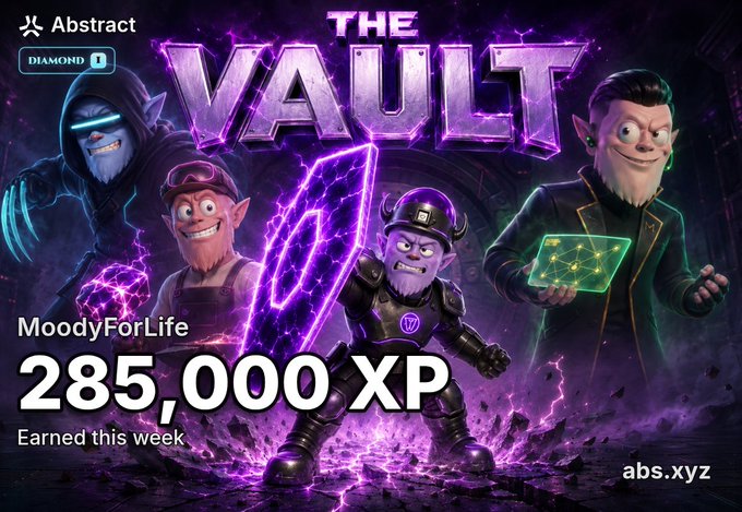 The image shows a promotional graphic for "The Vault" featuring Abstract (Diamond tier) with a user named "MoodyForLife" who earned 285,000 XP this week, displayed alongside cartoonish fantasy characters wielding purple lightning and technology. It serves as a branded XP achievement card template for the Moody community, aligning with the post's call-to-action encouraging users to create their own Moody XP cards using moodyworld.xyz.