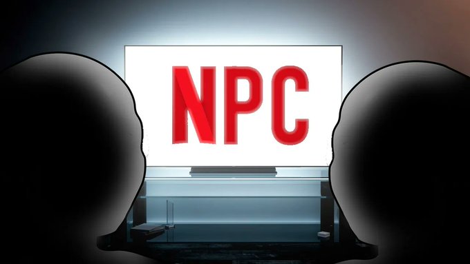 Two silhouetted figures facing a television screen displaying the letters 'NPC' in bold red text.