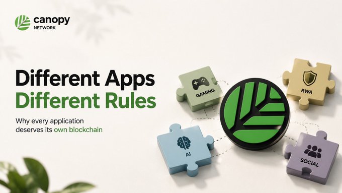 A promotional graphic for Canopy Network titled 'Different Apps, Different Rules - Why every application deserves its own blockchain,' featuring puzzle pieces labeled Gaming, RWA, AI, and Social surrounding the Canopy logo.
