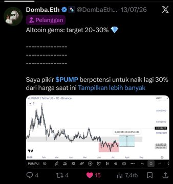 A Twitter post by Domba.Eth (@DombaEth) from 13/07/26 discusses altcoin targets of 20-30% and predicts that $PUMP has potential to rise another 30% from current price, accompanied by a TradingView chart of PUMP/USDT on Binance showing recent price action in the 0.003380-0.004720 range.