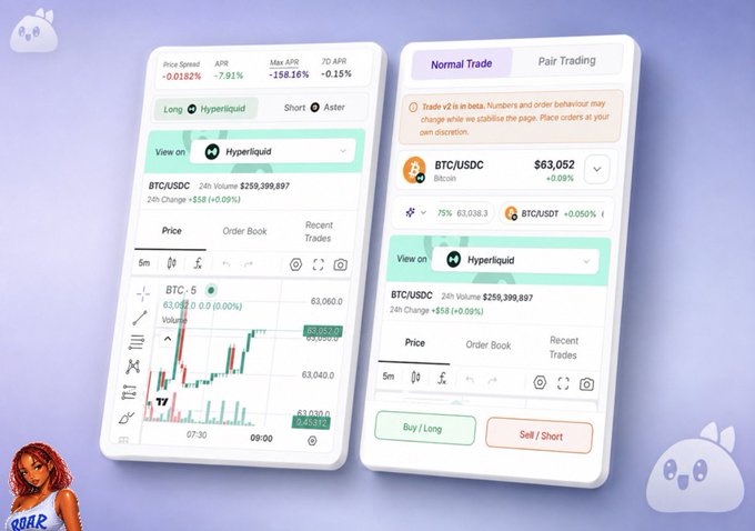 The image shows a crypto trading interface featuring BTC/USDC market data with a price of $63,052 (+0.09%) and a "Normal Trade / Pair Trading" toggle, illustrating Mozi's pair trading feature where users can take opposite long/short positions on Hyperliquid and Aster to bet on relative asset performance rather than just price direction.