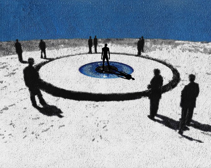 An artistic illustration depicts silhouettes of people standing around a circular platform on a sandy surface beneath a deep blue sky, with one figure lying in the center.