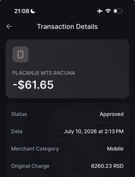 A screenshot of a Backpack transaction details page showing an approved $61.65 mobile phone bill payment (6260.23 RSD), corroborating the post's claim of a low-cost FX conversion compared to traditional banking rates.