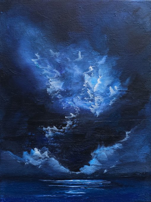 An abstract blue painting depicting a glowing, cloud-like or cosmic formation against a dark background, possibly resembling a face or landscape.