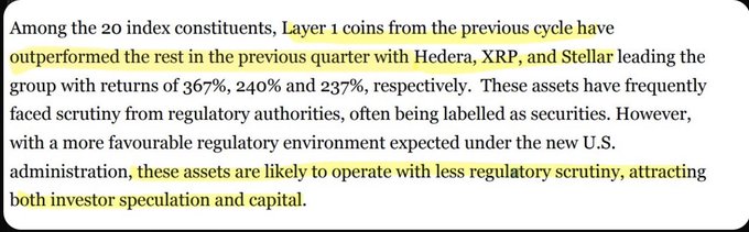 The text in the image is mainly white, with some black text in the corner which reads "XRP, XLM, AND HBAR ARE POSITIONED TO BENEFIT FROM A MORE CRYPTO-FRIENDLY REGULATORY ENVIRONMENT These utility-focused digital assets have already spent years under regulatory pressure. They have been tested more than most of the market".