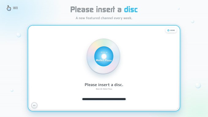 A Wii console screen displaying 'Please insert a disc' message for the Wallet Plaza featured channel.