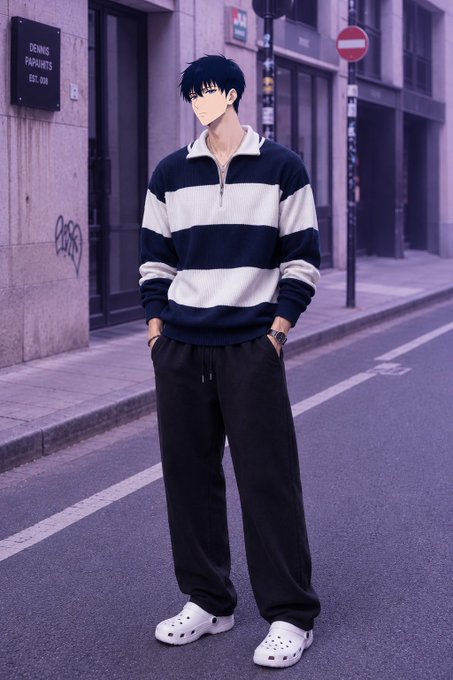 Anime-style illustration of a young man with dark hair wearing a navy and white striped quarter-zip sweater and black sweatpants, standing on a street near a 'DENIS PAPATHAN EST.2008' sign.