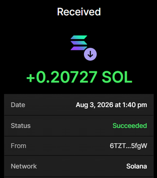 A Solana transaction confirmation showing a successful receipt of +0.20727 SOL on August 3, 2026, from wallet 6TZT...5fgW, which corresponds to the $NOBULL presale purchase mentioned in the post where 0.2 SOL was sent to acquire 6 Million $NOBULL tokens with a 200% bonus.