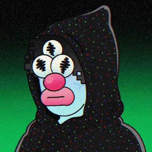 A cartoonish illustration of a figure in a hooded black robe with a speckled pattern, featuring a pale blue face with wide, swirled eyes and pink lips against a green background.