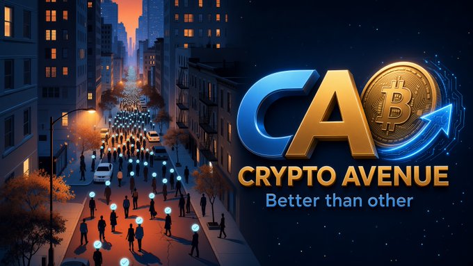 A promotional graphic for "CAO Crypto Avenue" featuring a Bitcoin coin and the tagline "Better than other," set against a stylized city street scene at dusk.
