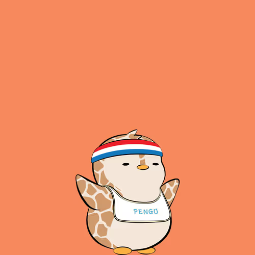 A cartoon illustration of a cute penguin character named 'PENGU' wearing a red, white, and blue striped headband against an orange background.