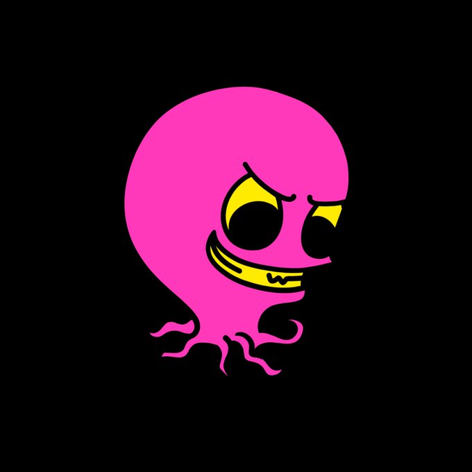 A cartoonish pink octopus-like creature with a mischievous grin, large yellow eyes, and tentacles on a black background.