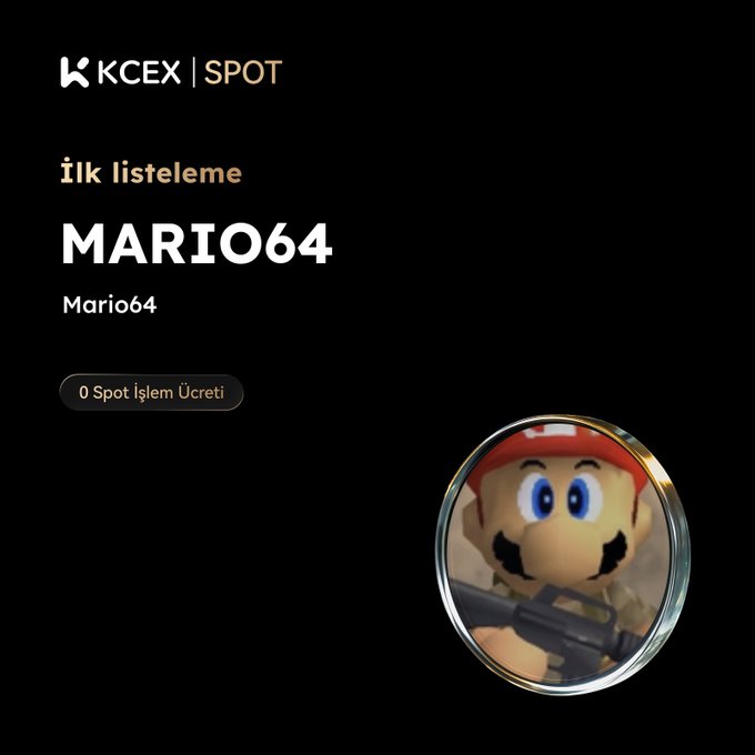 The image is a KCEX Spot exchange listing announcement for the meme coin "MARIO64," featuring a Mario character holding a rifle and text indicating "İlk listeleme" (first listing) and "0 Spot İşlem Ücreti" (0 Spot Trading Fee). This visual promotes the launch of the MARIO64/USDT trading pair on KCEX, matching the post's announcement of the Solana-based meme coin's listing on August 12, 2026.