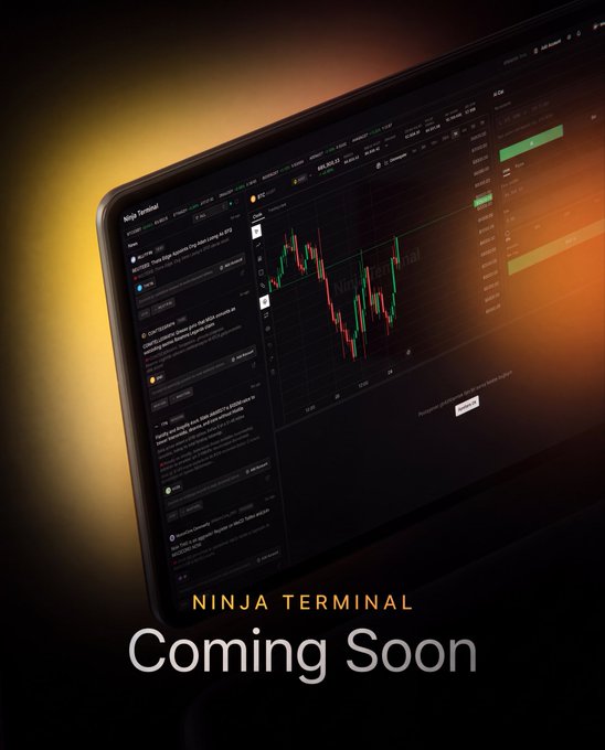 A sleek promotional image showcases a tablet displaying the "Ninja Terminal" with a live candlestick chart and social feed, overlaid with "NINJA TERMINAL Coming Soon" text—aligning with the $NST announcement of a major launch for the Ninja Terminal platform.
