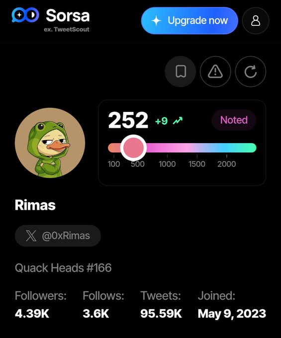 A Sorsa (ex. TweetScout) profile page for user Rimas (@0xRimas) showing 252 points, Quack Heads #166, 4.39K followers, and 95.59K tweets.