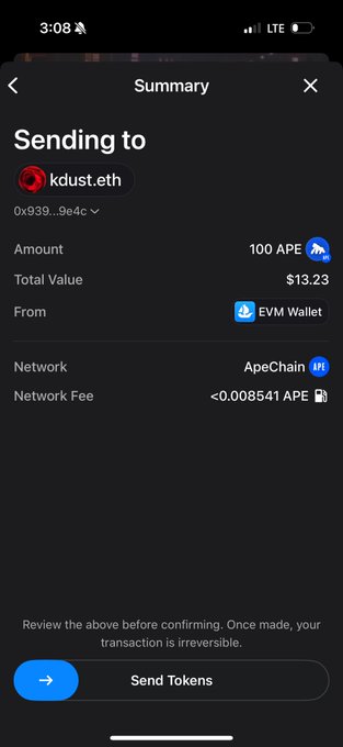 A mobile app screenshot showing a crypto transaction summary for sending 100 APE tokens (~$13.23) to kdust.eth from an EVM Wallet over the ApeChain network.