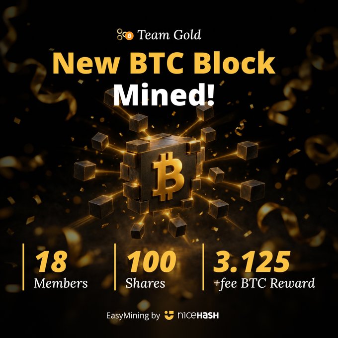 A black-and-gold Bitcoin mining graphic reads “Team Gold,” “New BTC Block Mined!,” “18 Members,” “100 Shares,” “3.125 +fee BTC Reward,” and “EasyMining by nicehash.”