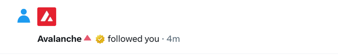 A social media notification showing that 'Avalanche' with a verified checkmark has followed the user 4 minutes ago.