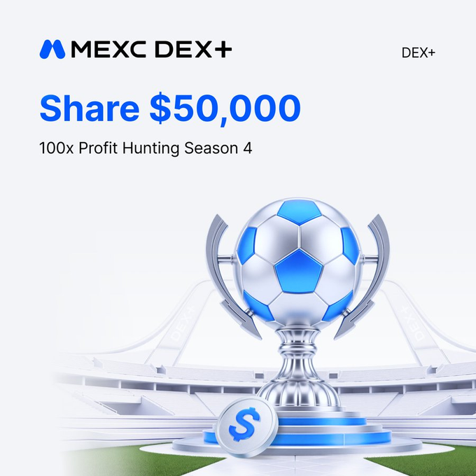 The image features a trophy with a soccer ball on top of it, surrounded by a stadium scene. The trophy appears to be made of metal or silver material, and there are two coins placed below it. The background of the image is white, which contrasts with the blue and silver colors of the trophy and the soccer ball. The text in the image reads "100x Profit Hunting Season 4", indicating that this is a promotional post for a campaign related to profit hunting on the website DEX+ or a similar platform.