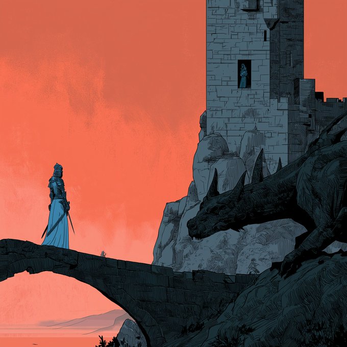 A knight stands on a stone bridge in the foreground while a large dragon emerges from the rocks beside a tall castle tower under a blood-red sky, capturing the dramatic "I'd Slay Dragons for You" theme of the artwork by @Sneketoshi.
