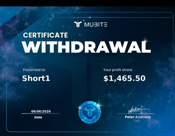 The image features a certificate for receiving a short payout, presumably from Bitcoin trading. The certificate states that the short was paid with a total of $1,465.50 at the time of payment. It also displays a graphic representation of Bitcoins along with the text "Short 1" and "Your profit shares: $1,466.50". This certificate showcases the success of a specific trading strategy, with short positions being more favorable than long positions in terms of returns. The image emphasizes the importance of discipline and patience for profitable trading activities in the Bitcoin market.