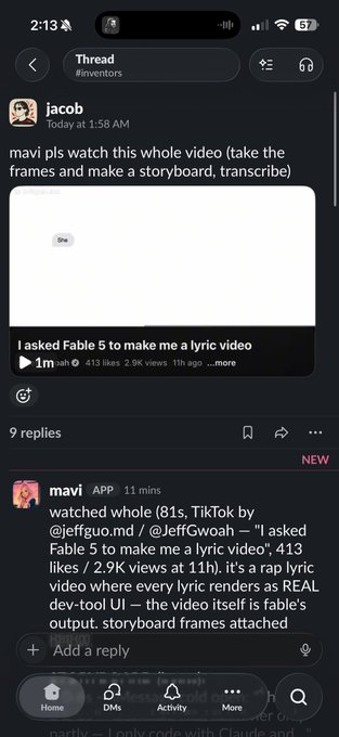 A screenshot of a Discord thread in the #inventors channel shows user "jacob" requesting "mavi pls watch this whole video" with a link to a TikTok titled "I asked Fable 5 to make me a lyric video," followed by "mavi" replying that they watched it and identifying it as a real dev-tool UI. The post's caption "i only love my repo and opus i'm sorry" humorously frames the image as evidence of the Fable dev-tool interaction discussed in the thread.