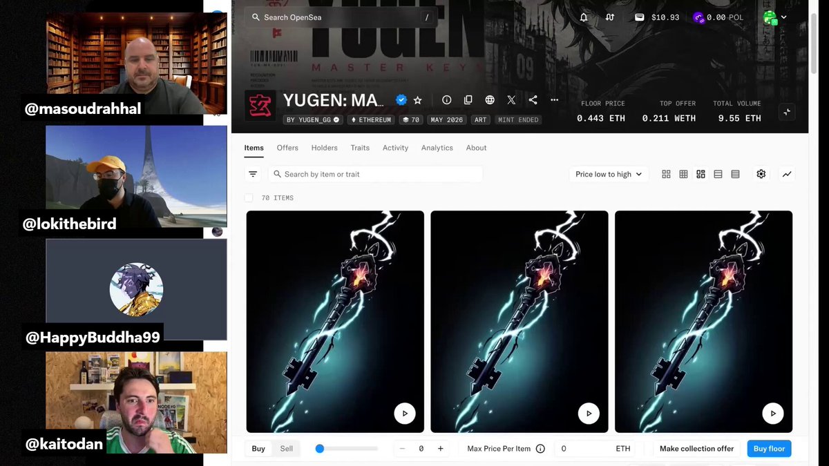 The image shows a computer screen displaying a webpage with three different images of a sword, each accompanied by text that reads "Yugen'n Ma" or "Yugen'n Ma", possibly indicating the name of the artist who created them. The background of the image is black and white, which contrasts with the colorful sword images. The post also includes a caption about web3, suggesting an interest in cryptocurrency or blockchain technology.