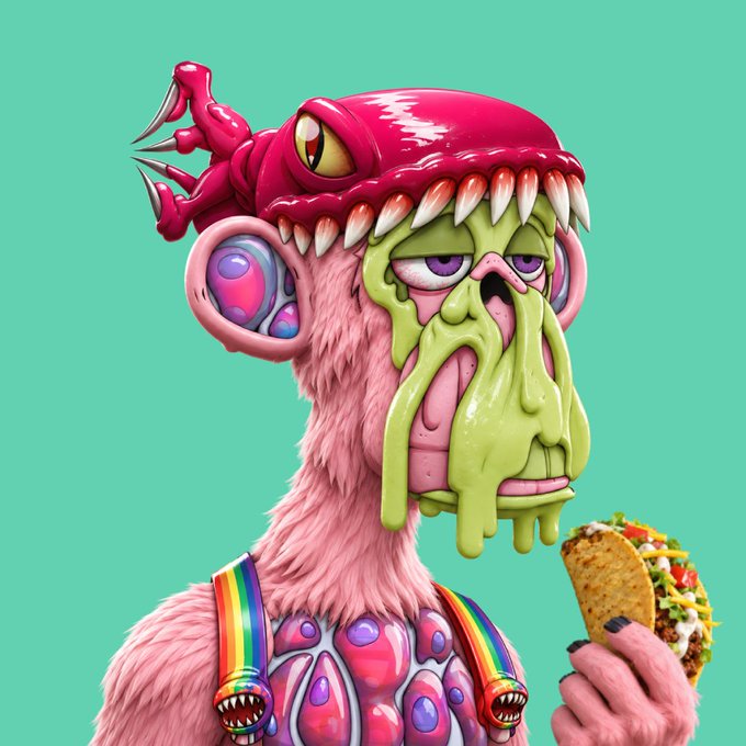 A 3D-rendered illustration of a grotesque pink furry creature wearing rainbow suspenders, with a wide mouth full of teeth on top of its head, drooling green slime while holding a taco.