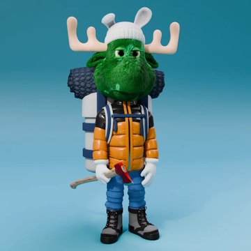 A quirky toy figure combining a green moose head wearing a white beanie with a body dressed in an orange puffer vest, blue pants, and black boots, holding a small axe.
