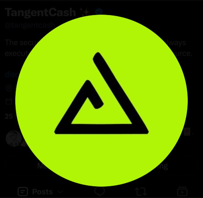 The image displays a screenshot of the @tangentcash Twitter profile, overlaid with a large lime-green circular logo featuring a black stylized "A" or triangular symbol. This visual reinforces the post's message about Tangent Cash simplifying cross-chain trading by unifying access across 11 networks into a single seamless experience.