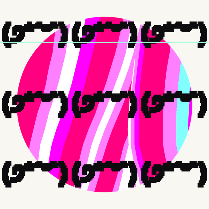 A bright pink and cyan abstract background overlaid with a grid of black pixel-art shapes.