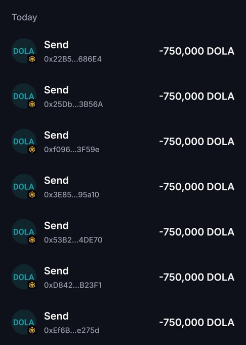 The image shows a list of seven "Send" transactions, each labeled as -750,000 DOLA, dated "Today" with different wallet addresses (such as 0x22B5...686E4 and 0x25Db...3B56A). This appears to illustrate the promised airdrop of 750,000 $DOLA tokens to each wallet as advertised in the accompanying post, though the transactions show outgoing sends rather than incoming rewards.