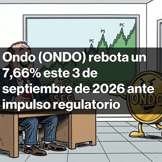 A cartoon-style graphic showing a man at a 'SEC' desk and an 'ONDO' coin character, with a green stock chart in the background and Spanish text reading 'Ondo (ONDO) rebota un 7,66% este 3 de septiembre de 2026 ante impulso regulatorio'.