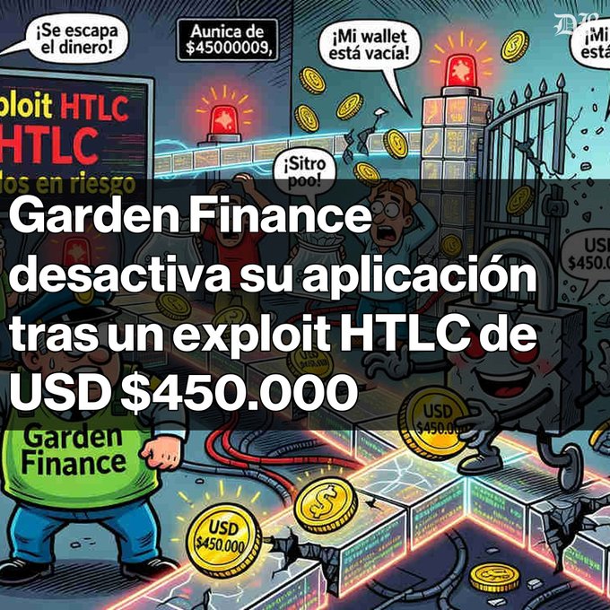 The image is a Spanish-language cartoon illustration depicting a crypto exploit, showing panicked characters ("¡Se escapa el dinero!", "¡Mi wallet está vacía!") watching an angry lock-pick character steal $450,000 in USD coins from digital vaults, with text overlays reading "Exploit HTLC," "Garden Finance," and a headline stating "Garden Finance desactiva su aplicación tras un exploit HTLC de USD $450.000." The accompanying post expands on this by explaining that Garden Finance has disabled its app following the HTLC exploit, warning about the risks of time-locked contracts while noting that details on the attacker, affected users, and fund status remain unknown.