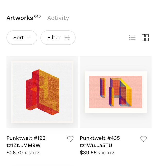 A screenshot of an NFT marketplace displays two digital artworks titled 'Punkwelt #193' for $26.70 and 'Punkwelt #435' for $39.55, both in XTZ currency.